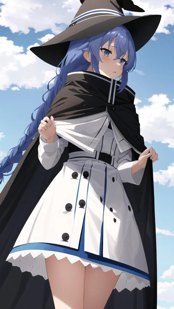 Browsing Caution,Under the skirt,Panty shot,White lace panties,Mushoku Tensei Style, Roxy Migurdia, One Girl, bangs, Black Hat, Blue background, blue eyes, Blue Hair, Braiding, brown Cape, Cape, close, Floating Hair, Hair between the eyes, have, Long Hair, View your audience, Portraiture, alone, witch have, ((masterpiece)), cloud, Outdoor,    