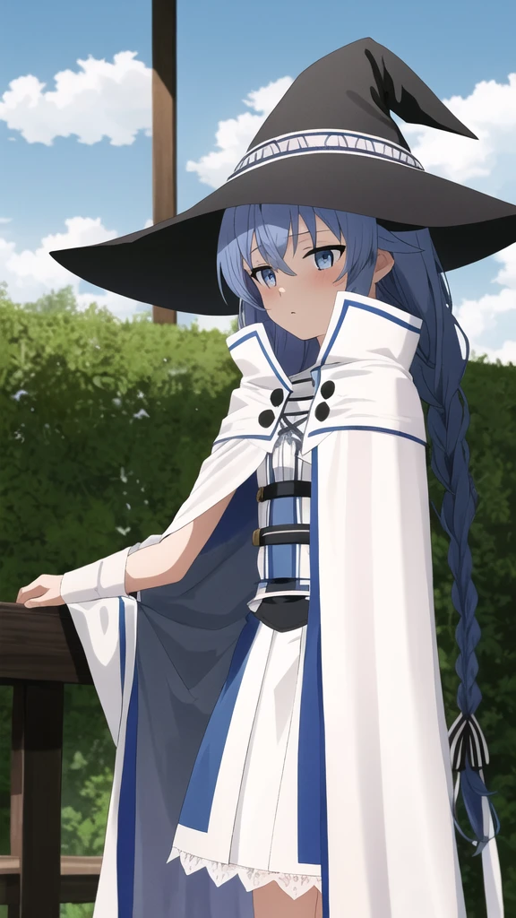 Browsing Caution,Under the skirt,Panty shot,White lace panties,Mushoku Tensei Style, Roxy Migurdia, One Girl, bangs, Black Hat, Blue background, blue eyes, Blue Hair, Braiding, brown Cape, Cape, close, Floating Hair, Hair between the eyes, have, Long Hair, View your audience, Portraiture, alone, witch have, ((masterpiece)), cloud, Outdoor,    