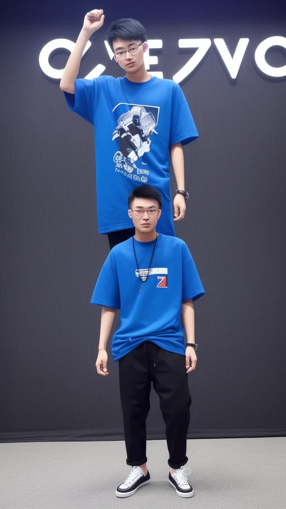 21 year old Chinese boy, he is wearing a ((oversize blue t shirt XXL)), ((he is wearing black trousers)), he is wearing black sneakers, he is wearing glasses, he is Master of Ceremony in front of a stage , NIGHTCLUB, full body,  he is buzz cut Hair, foot, Photo taken on the side 