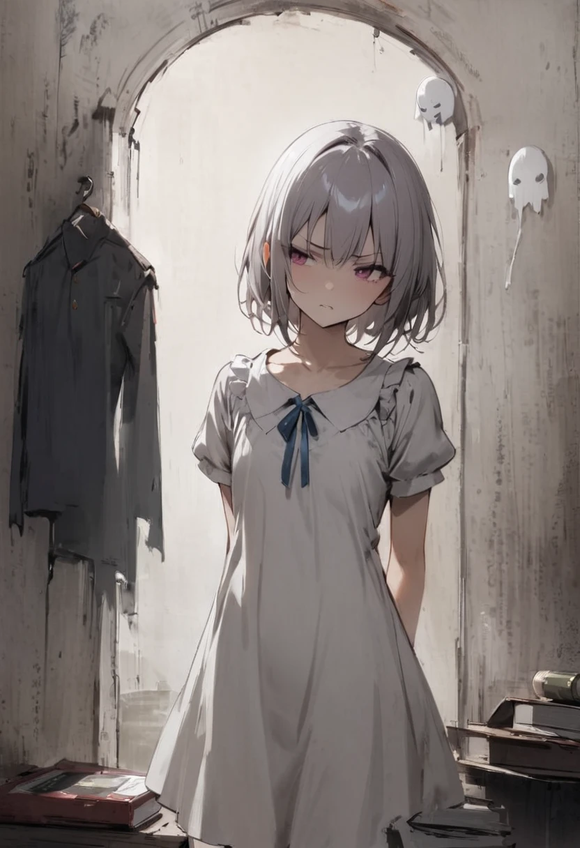 Ghost photos、ghost、Midsummer、picture、Horror、fear、Creepy、Girl、Girl、Short、Younger、Lower school year、Baby Face、flat chest、Both eyes open、Glaring、Dynamic Angle、masterpiece、best quality、ultra-detail
