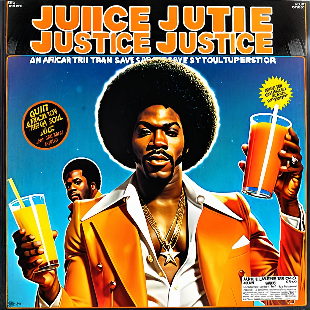 Create a 1970s vinyl album cover for an african-american male r&b superstar named "Juice Justice". The name of the album is called "Quit Tryin To Save My Soul".
