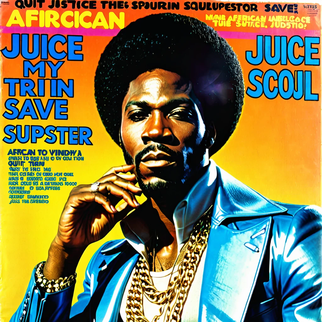 Create a 1970s vinyl album cover for an african-american male r&b superstar named "Juice Justice". The name of the album is called "Quit Tryin To Save My Soul".
