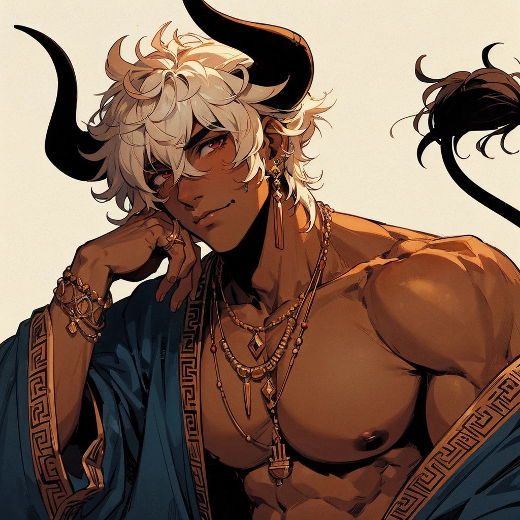 lineless manga style, anime, semi realistic, Baroque Anime Art Style, Male, tan caramel skinned, eyes covered by hair, Bull horns and tail, white fluffy hair that covers eyes, loose flowing Greek clothing, dark rich blue farmer civilian Greek clothing with ancient engravings on it, golden jewelry, slightly muscular, broad and slightly flared nose, Deep-set Eyes, Prominent Brow Ridge, well-defined and square chin, prominent square jawline, nipple piercings, bull nose ring, septum nose piercing, jewelry on bulls tail, fatherly vibe, eyes covered by fluffy hair, no eyes, nipple rings, bull nose ring, bull nose piercing, nipple piercing, full body, high quality, high resolution,