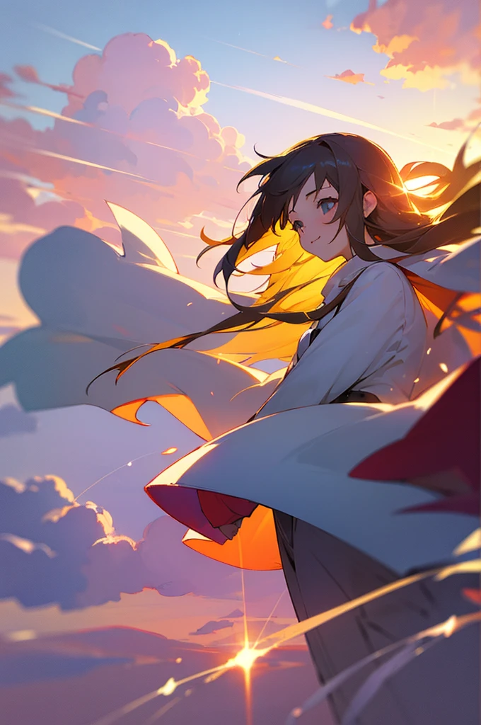 masterpiece, best quality, Stills, 1 girl, Cloud Girl, Floating in the air, closure, bright, Happy, Warm and soft lighting, Sunset, (spark:0.7)