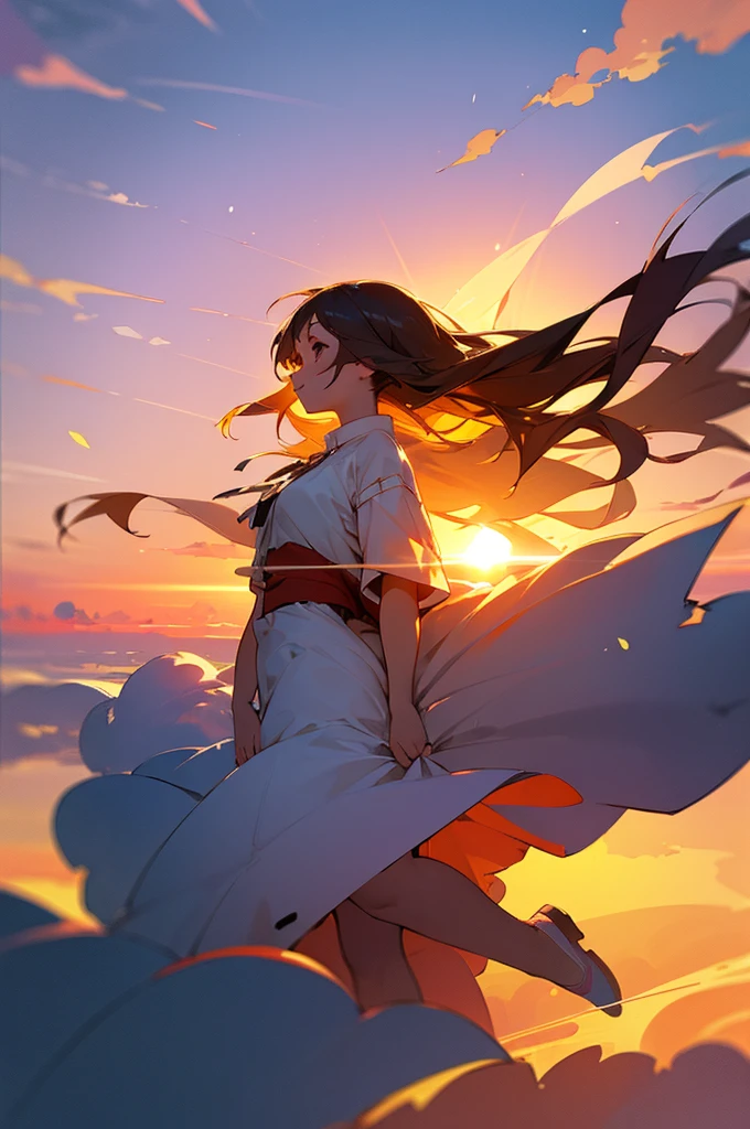 masterpiece, best quality, Stills, 1 girl, Cloud Girl, Floating in the air, closure, bright, Happy, Warm and soft lighting, Sunset, (spark:0.7)