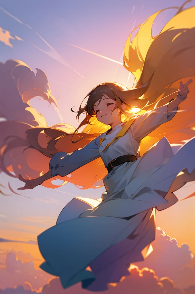 masterpiece, best quality, Stills, 1 girl, Cloud Girl, Floating in the air, closure, bright, Happy, Warm and soft lighting, Sunset, (spark:0.7)