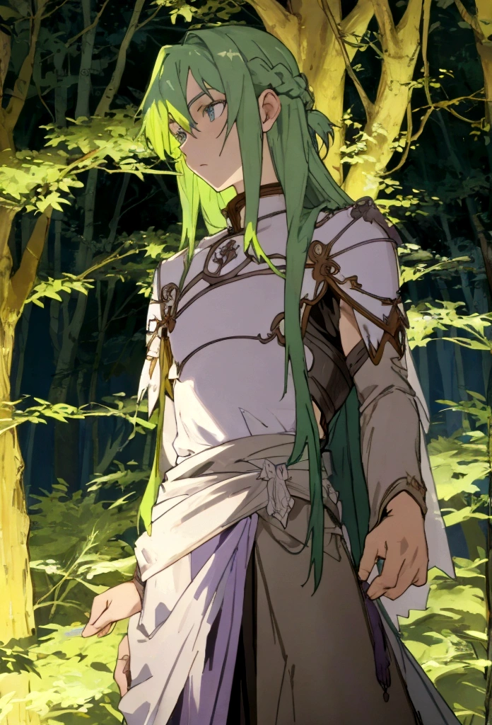 a knight with green hair and lilac eyes in a forest at night