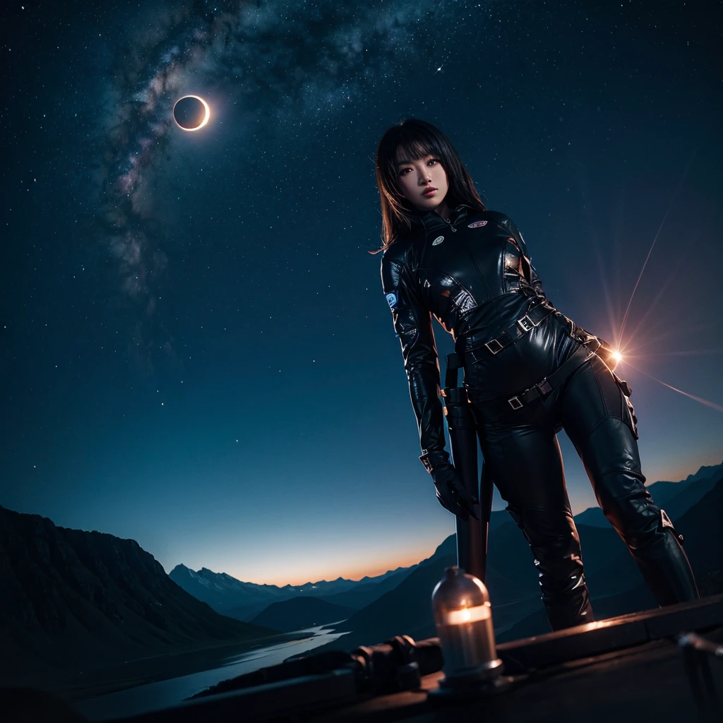  , night time ,  sexy space suit, eclipse in the sky , landscape 
