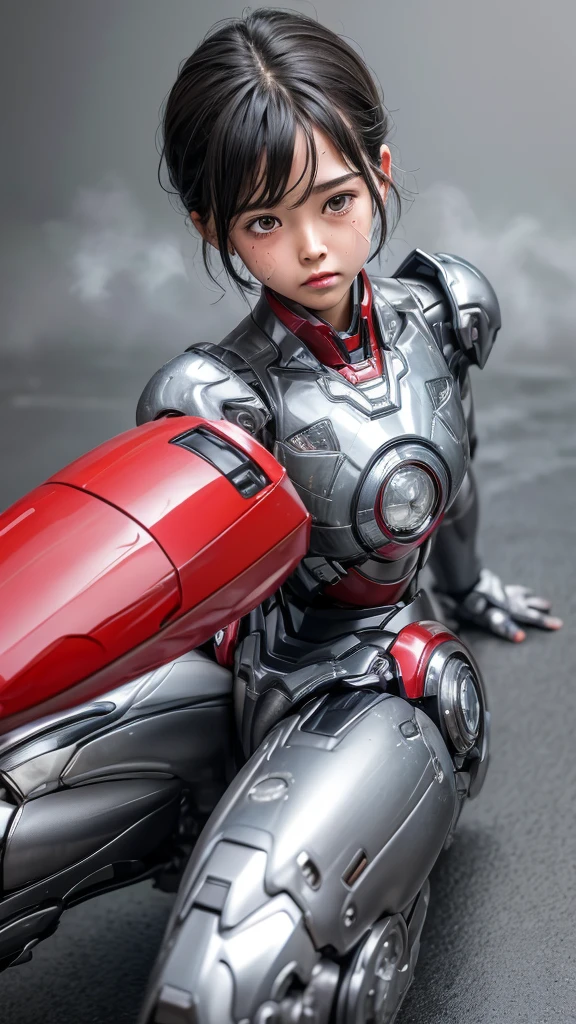 Highest quality 8k Iron Man Suit Girl Kindergarten girl Sweaty face cute short hair boyish Steam coming from the head My hair is wet with sweat Black hair feel Full body portrait My upper body is soaked Squat sitting Leg spread I can see the vagina