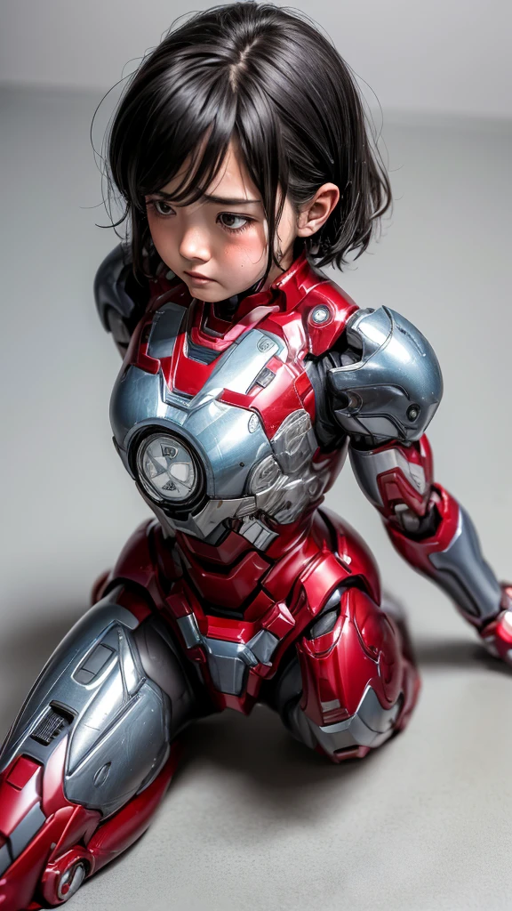 Highest quality　8k Iron Man Suit Girl　 girl　Sweaty face　cute　short hair　boyish　Steam coming from the head　My hair is wet with sweat　Black hair feel　Full body portrait　My upper body is soaked　　Squat sitting　　Leg spread　I can see the vagina　