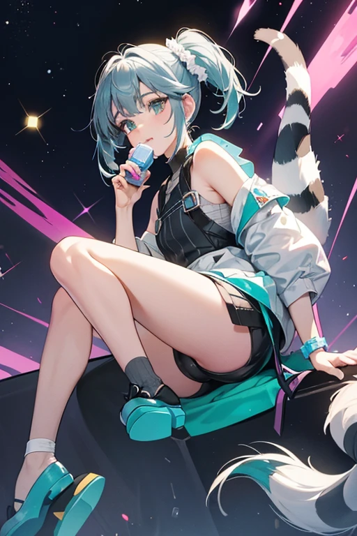 Racoon-Stronaut is a pale grey girl raccoon with white ears, white stripes above her eyes, and a white muzzle. She also has dark grey stripes on her tail and a dark grey "mask". She has teal hair in two ponytails held by two silver scrunchies, a shiny teal harness, and 4 shiny teal slip-ons with pink soles. SPARKLE; GLITTER