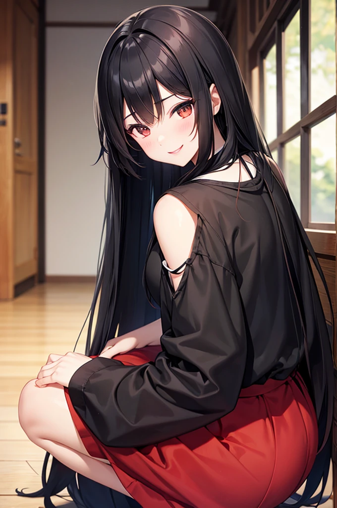 Squat、Long skirt long black hair, Natural Straight Hair, Bright lips, smile, shy