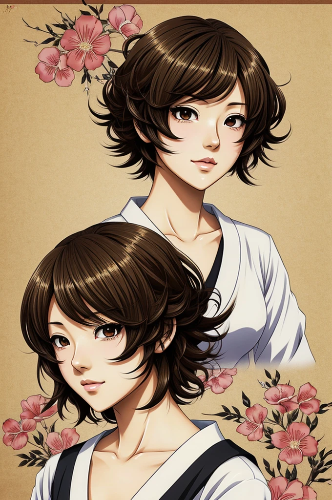 Anime Waifu japanese art style 1.55 meters tall, short curly hair, light brown skin and black eyes