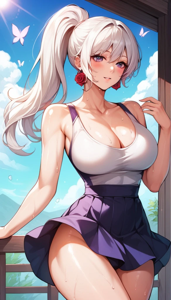 realistic, 1girl, ponytail, parted lips, blush, makeup, light smile, white hair, sportswear, skirt, glow, thighs, purple eye, bare shoulders, collarbone, narrow waist, sunbeam, sunlight, rose, wind, cleavage, (masterpiece), sweat,big breasts, butterfly earrings 