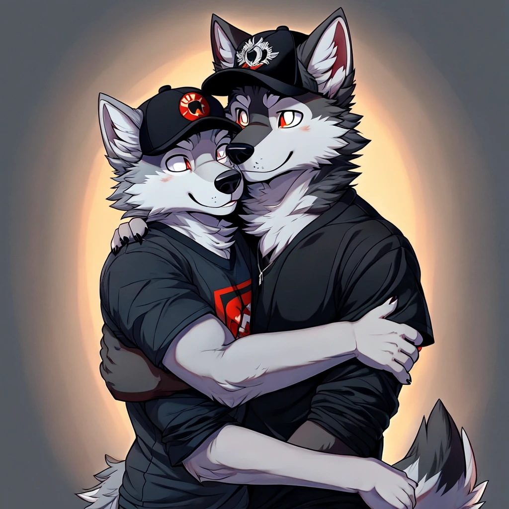 Canine, wolf, wolf male, Dark gray fur, wearing a shirt, Wearing a cap, hugging another a male wolf with black fur and white eyes, furry art