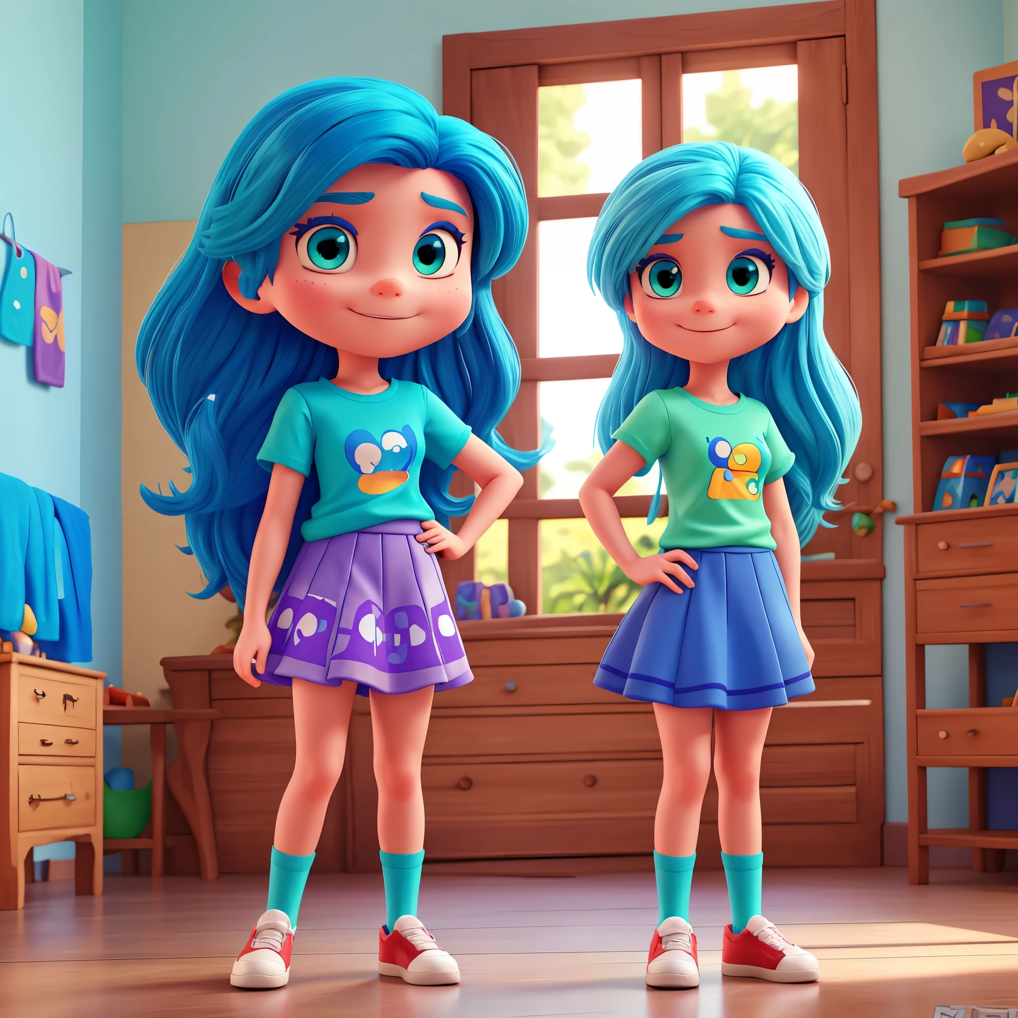 Disney carton pixel fun style with blue hair and straight hair light blue skin green eyes light purple t-shirt and colorful knee-length skirt 