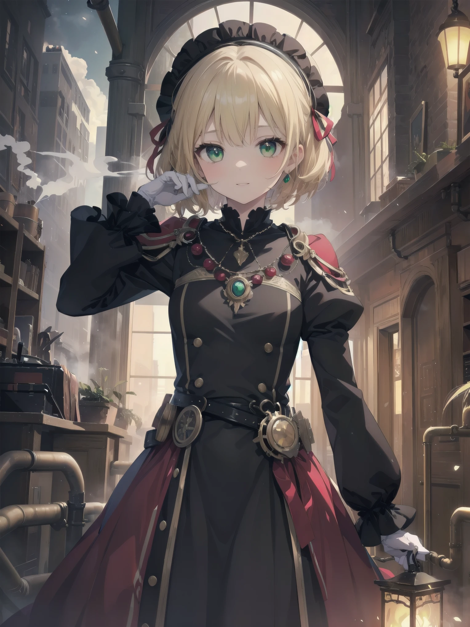 (masterpiece:1.2), (Highest quality:1.2), Ultra-high resolution, Very detailed, break, ((Anime girl standing with happiness in her hands)), Crazy girl, (1 person,Lolita,boyish, , :1.3), A light smile, , girl who looks like a boy, Bob cut hair, ((Blonde Hair)), Messy Hair, A super-sized chest overflowing with soft fat masses、Waistline、Slender body, Small Ass, Small green eyes,Fine and beautiful eyes, Well-proportioned iris and pupil, Expressive eyes, Beautiful and detailed lips, High resolution detailed hair, Perfect Eyes, Perfect Face, ultra high density skin, Full Finger, Perfect lighting, break, ((Light green necklace)), ((Black and red luxury dress:1.3)), light green tie, Sparkling Sapphire, Lady, Wear white gloves, break, (steampunk), Castle balcony, Skyscraper, Night view, Equipment, pipe, (Steam spewing out from pipes:1.2), Fantasy, break, ((Positive:1.3)), break, Digital anime art,Anime style illustrations,Anime illustration
