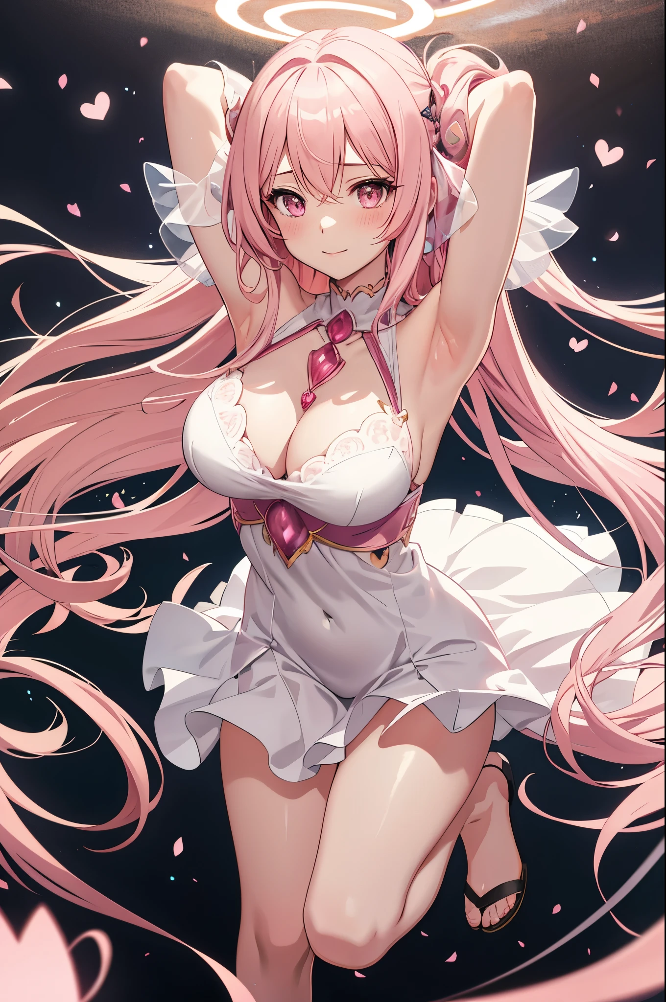 solo, 1girl, mature anime female, light pink hair, long hair, dark pink eyes, subtle blush, love goddess, sundress, innocent smile, heart-shaped halo behind head