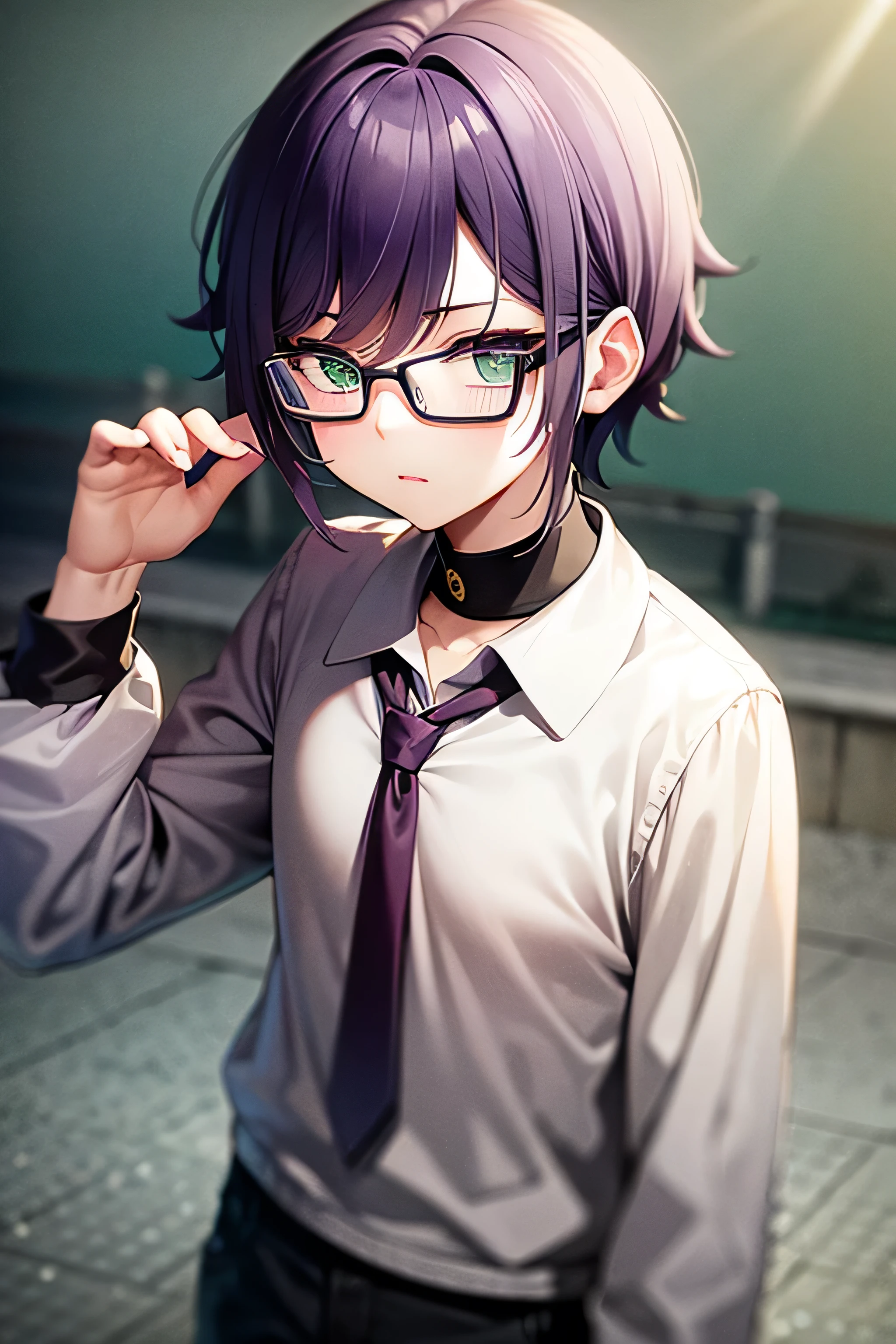Purple Hair、Green Eyes、Wear glasses、Being Calm、Anime