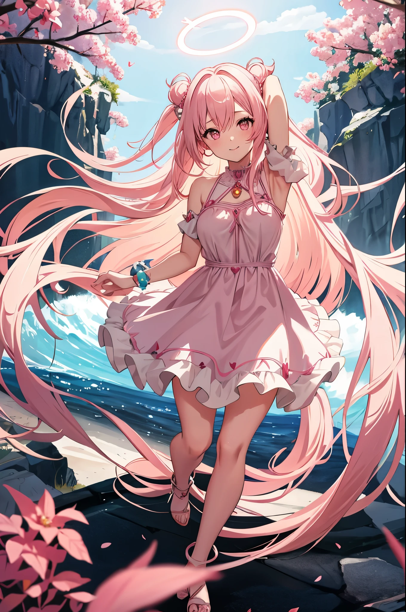 solo, 1girl, mature anime female, light pink hair, long hair, dark pink eyes, subtle blush, love goddess, sundress, innocent smile, heart-shaped halo behind head