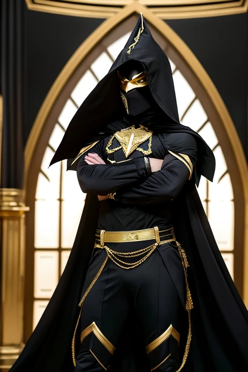 A superhero character wearing a dominant black costume with gold trim and a black cape standing straight and wearing a mask over the eyes