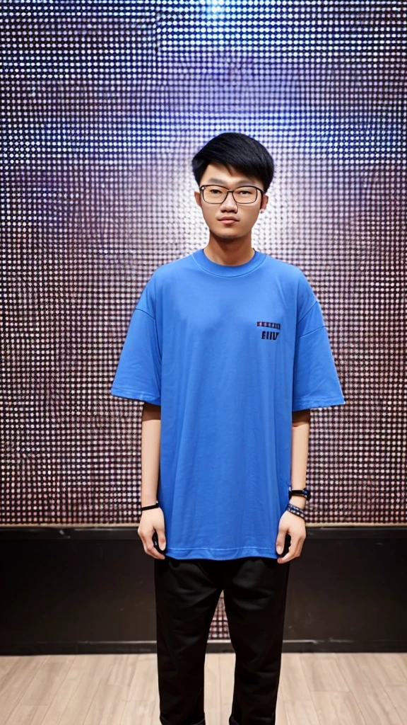 21 year old Chinese boy, he is wearing a ((oversize blue t shirt XXL)), ((he is wearing black trousers)), he is wearing black sneakers, he is wearing glasses, he is Master of Ceremony in front of a stage , NIGHTCLUB, full body,  he is buzz cut Hair, foot, Photo taken on the side 