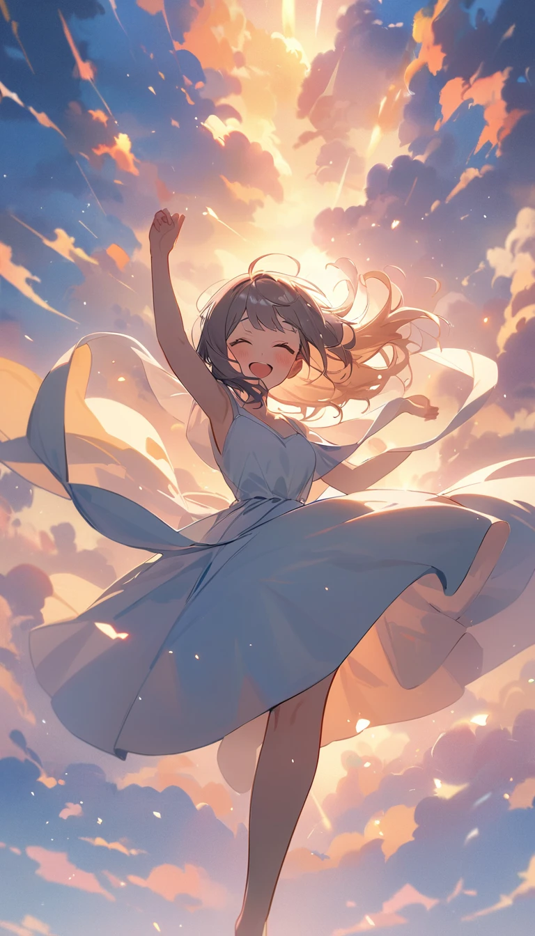 masterpiece, Highest quality, Movie stills, 1 Girl, Cloud Girl, Floating in the sky, close, bright, Happy, Warm and soft lighting, sunset, (spark:0.7)