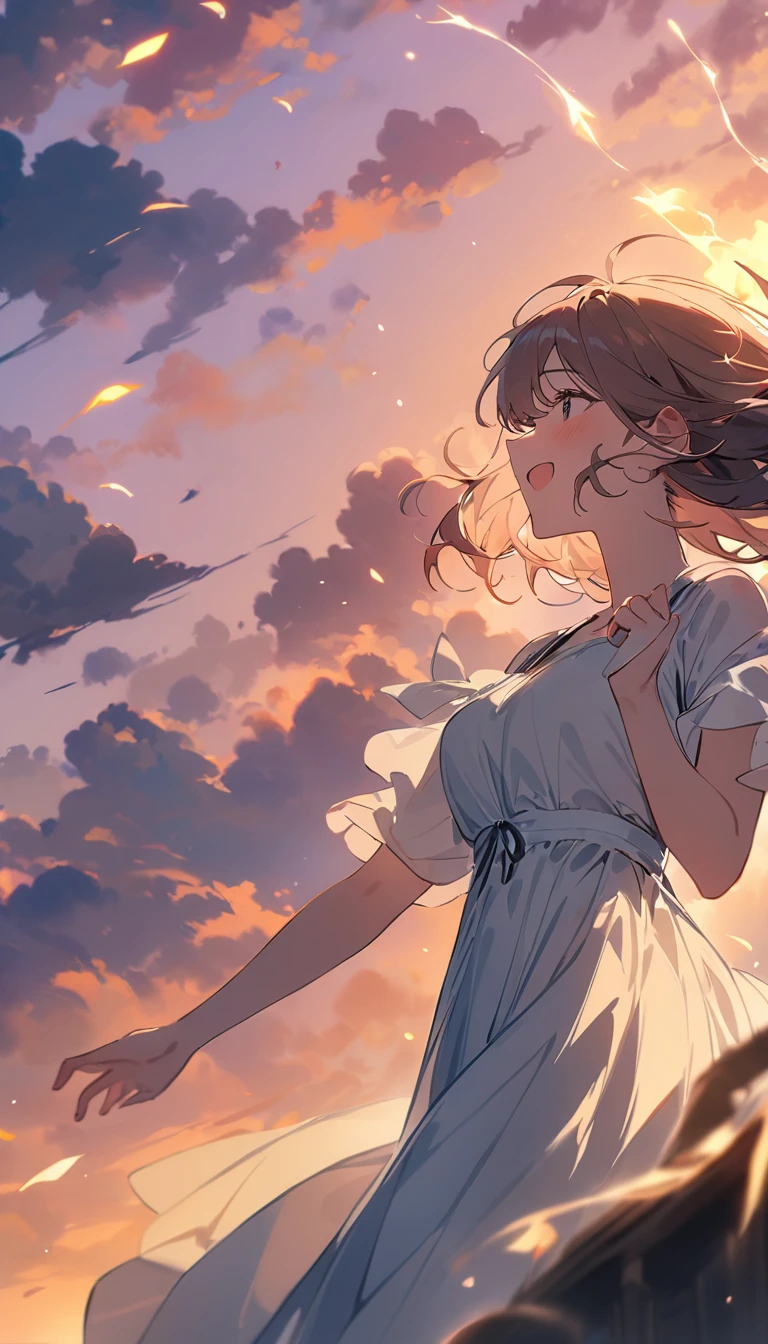 masterpiece, Highest quality, Movie stills, 1 Girl, Cloud Girl, Floating in the sky, close, bright, Happy, Warm and soft lighting, sunset, (spark:0.7)