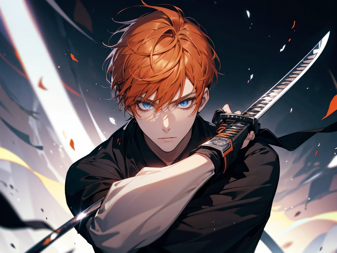 1 man, student, wearing on top white , black long pants, orange hair, short hair, blue eyes, face to detail, detailed eyes, the background is black galaxy, holding a katana