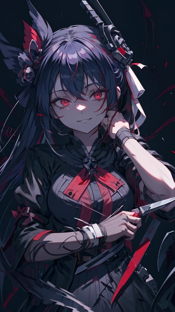 Red-eyed anime girl holding a knife in her hand, gapmoe Yandere grimdark, gapmoe Yandere, Shalltear Bloodfallen, Yandere, Yandere intricate, portrait gapmoe Yandere grimdark, Anxious smile, [[[[smile wickedly]]]], Laughing lasciviously, Slasher Smile
