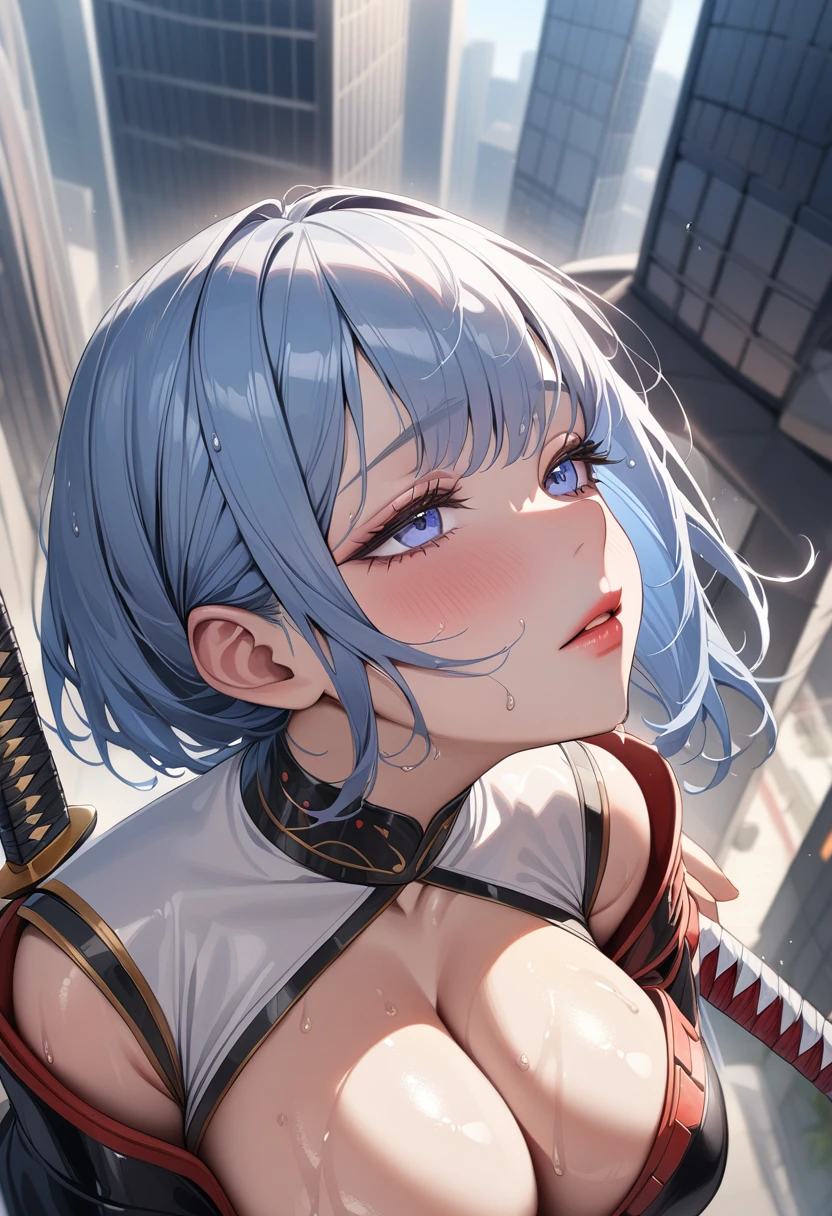 1girl,solo,super detailed skin,shiny skin,wet oily skin,natural face ,half open eyes,eyelashes,lips gloss,pale blue hair,short straight hair,sidelocks,large breasts,Japanese armor ,katana, looking up at the skyscrapers,masterpiece,best quality,ultra detailed,high resolution,sharp focus,depth of field