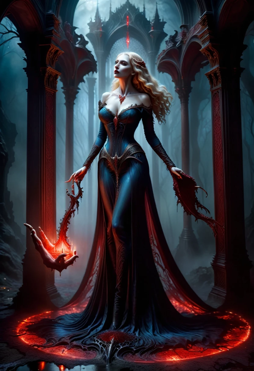 dark fantasy, dramatic lighting, full body shot, wide angle,dynamic angle, deep shadows, a female vampire and her thrall, extremely detailed skin, perfect blond wavy hair, (A female vampire and her thrall, she is using her vampiric powers to shift blood in the atmosphere, making the blood translocate around the environment), (the female vampire is trying to reach her thrall's neck with her hand, absorbing the thrall's blood from afar), hemokinesis, (there are lots of blood strings floating around the environment), she is wearing a very intricate biological exoskeleton, (the female vampire's lower body is vanishing, becoming black mist), the scene unfolds in a dungeon dimly illuminated by a red glow, red energy lines, pale blue and olive hues, mystical energy, moody atmosphere, cinematic composition, Yoshitaka Amano style