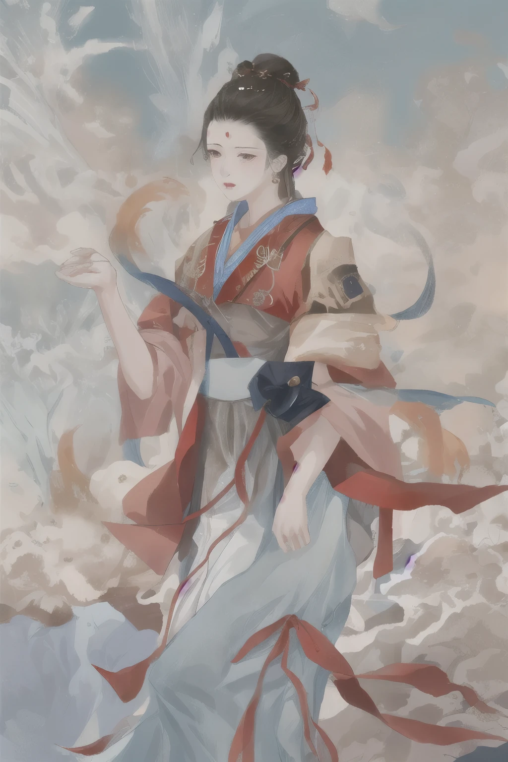 An ancient Chinese beauty sitting on a stone, wearing ancient Chinese clothing, flowing tulle, light silk, lazy posture, large lotus leaf, lotus, ink painting style, clean color, decisive cutting, blank, freehand, masterpiece, super detailed, epic composition, high quality, the highest quality, 4k --v 6