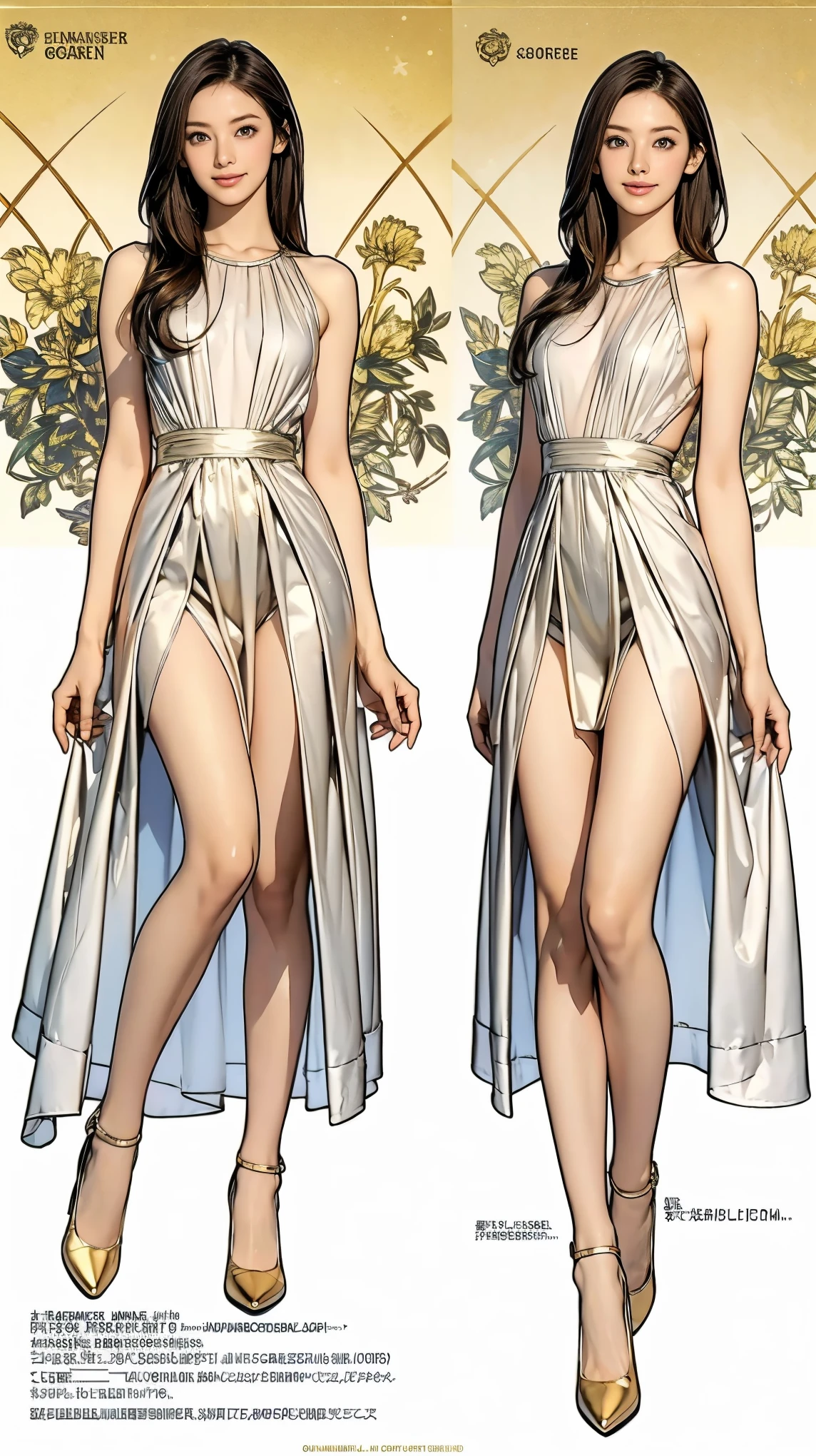 ((masterpiece)),(((Highest quality))),((Character design sheet)),Thin thighs,Long legs,((woman, alone, Long Hair)),Innocent look, Bare arms, Expose your shoulders, Gold and silver see-through dress,Golden Hair，The best smile，