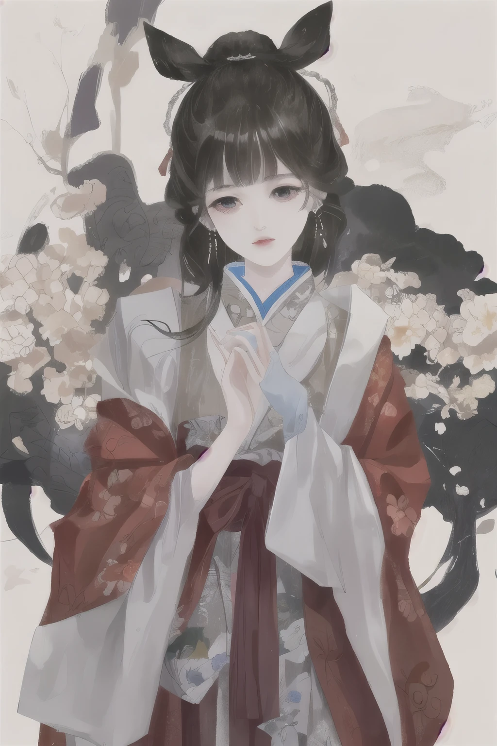 An ancient Chinese beauty sitting on a stone, wearing ancient Chinese clothing, flowing tulle, light silk, lazy posture, large lotus leaf, lotus, ink painting style, clean color, decisive cutting, blank, freehand, masterpiece, super detailed, epic composition, high quality, the highest quality, 4k --v 6