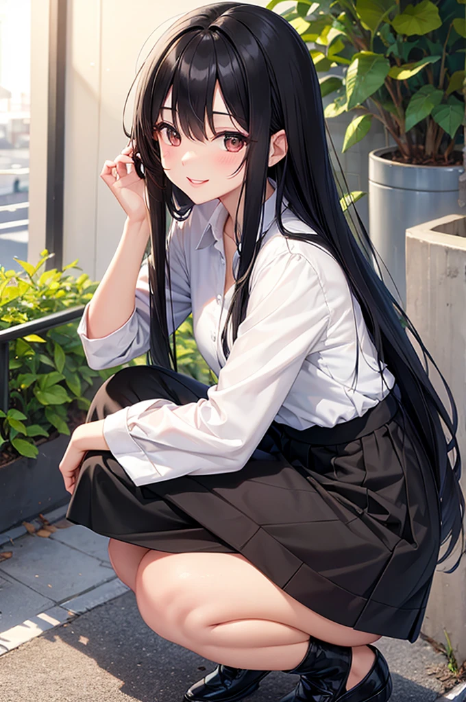 Squat、Long skirt long black hair, Natural Straight Hair, Bright lips, smile, shy