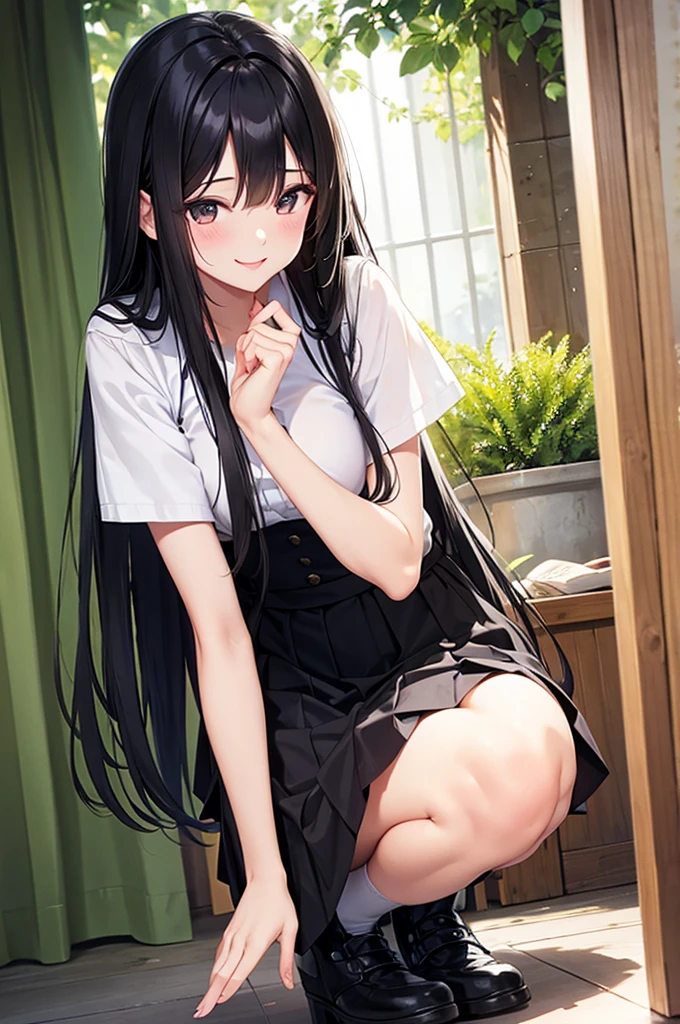 Squat、Long skirt long black hair, Natural Straight Hair, Bright lips, smile, shy