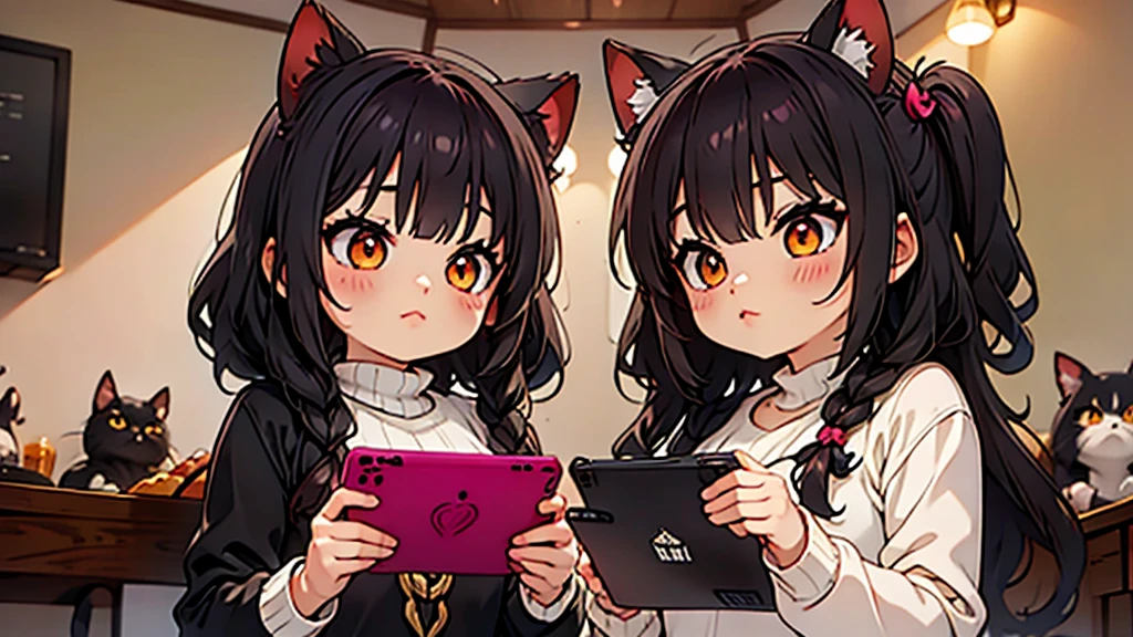 (Junkotvv a girl con orejas de gato) and (neocruz a boy con barba y sin orejas de gato), playing video games together in a room full of 80s style anime and posters in neon tones with video game controllers in their hands and enjoying