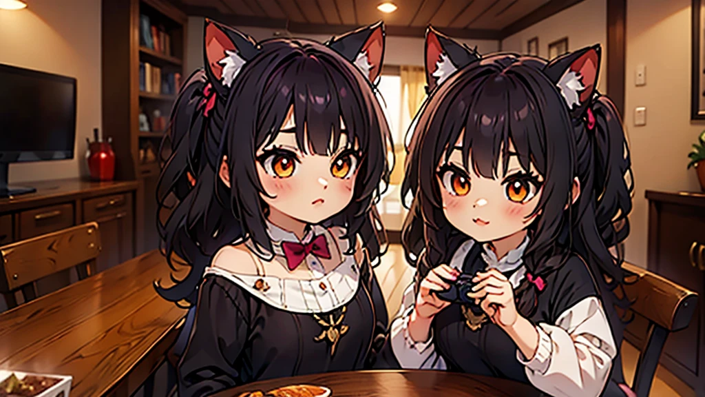 (Junkotvv a girl con orejas de gato) and (neocruz a boy con barba y sin orejas de gato), playing video games together in a room full of 80s style anime and posters in neon tones with video game controllers in their hands and enjoying
