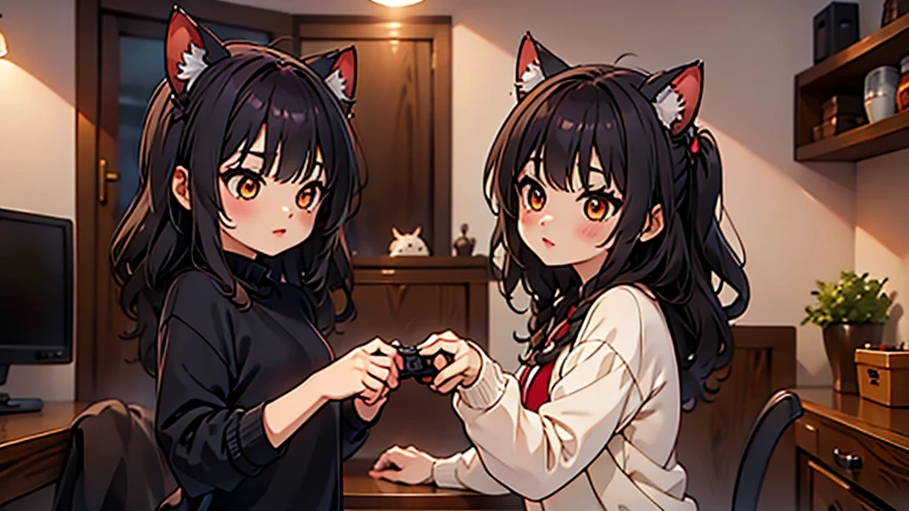 (Junkotvv a girl con orejas de gato) and (neocruz a boy con barba y sin orejas de gato), playing video games together in a room full of 80s style anime and posters in neon tones with video game controllers in their hands and enjoying