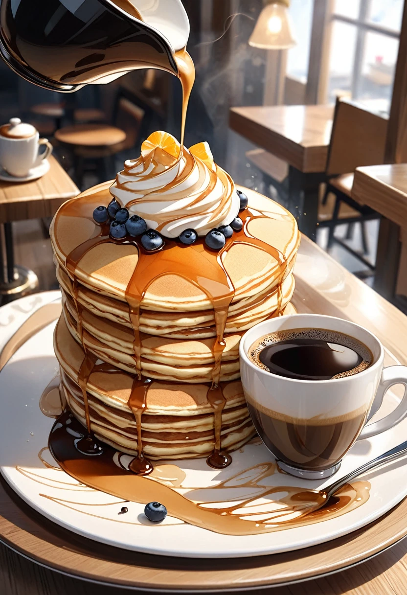 A plate of very thick and delicious looking pancakes。Hot coffee is being poured into a beautiful coffee cup。A classic coffee shop with an elegant atmosphere。perfect anatomy, masterpiece, best quality, 16K, beautiful detailed grow, daydreaming expression.