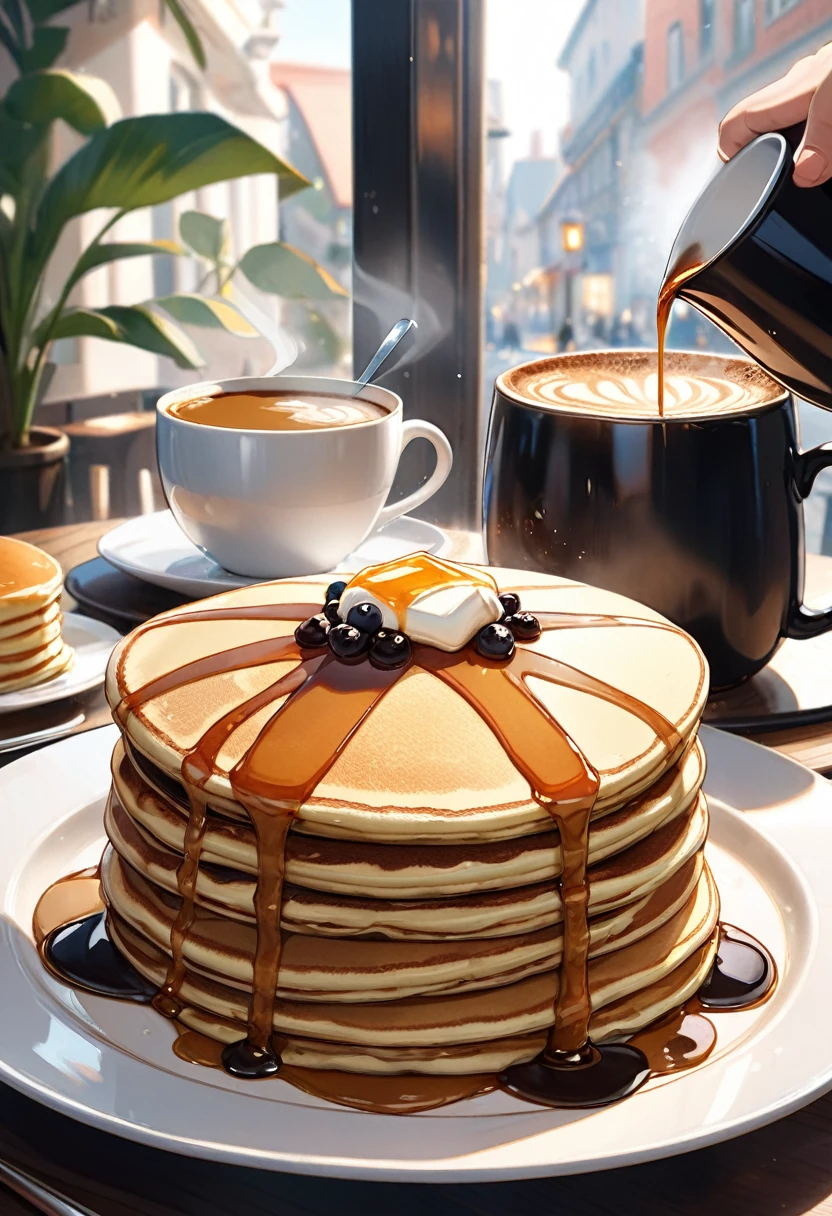 A plate of very thick and delicious looking pancakes。Hot coffee is being poured into a beautiful coffee cup。A classic coffee shop with an elegant atmosphere。perfect anatomy, masterpiece, best quality, 16K, beautiful detailed grow, daydreaming expression.