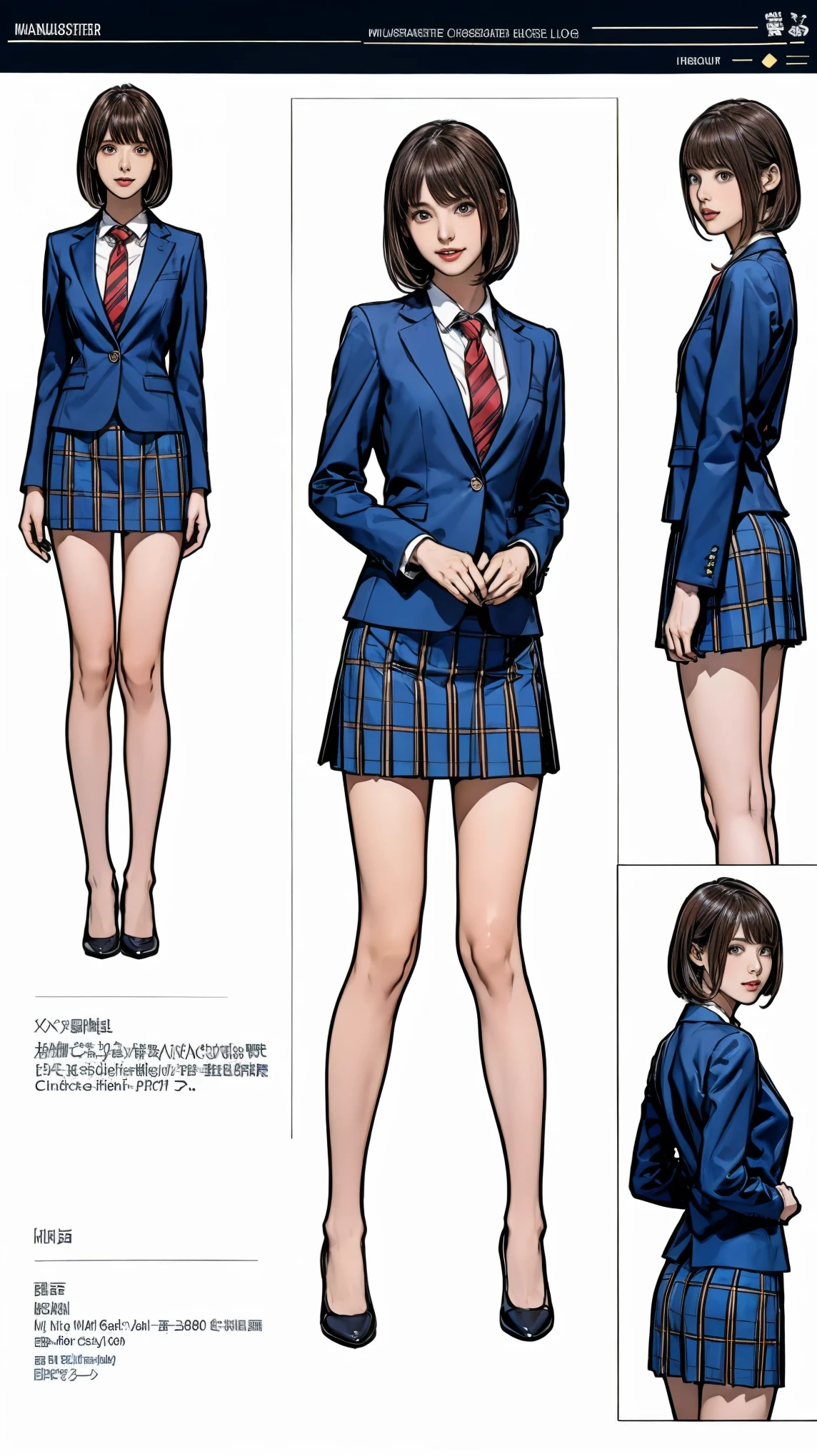 ((masterpiece)),(((Highest quality))),((Character design sheet)),Thin thighs,Long legs,Girl standing in a school classroom,Red Tie Uniform,Dark Blue Blazer,Blue plaid skirt,18-year-old,bangs,A small smile,Random Pause,pretty girl,Slender girl,