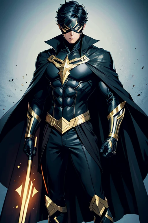 A superhero character wearing a dominant black costume with gold trim and a black cape standing straight and wearing a mask over the eyes