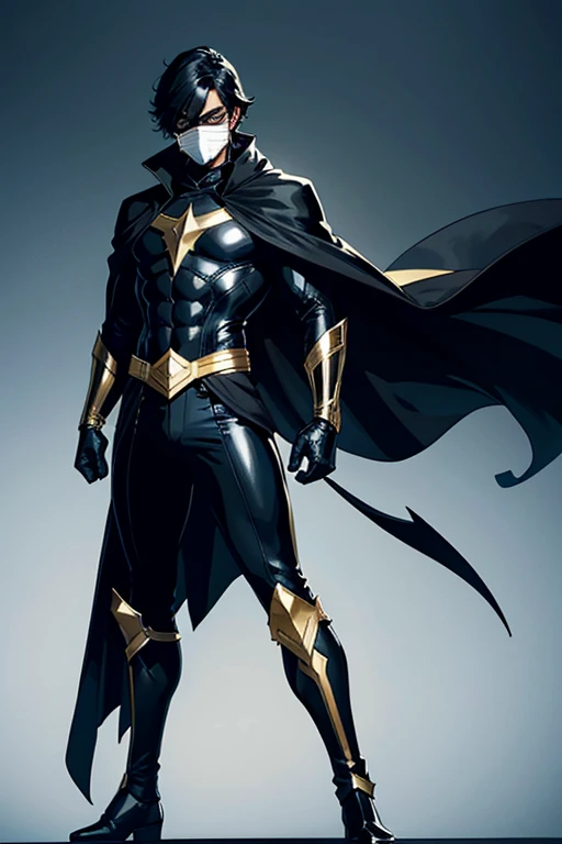 A superhero character wearing a dominant black costume with gold trim and a black cape standing straight and wearing a mask over the eyes