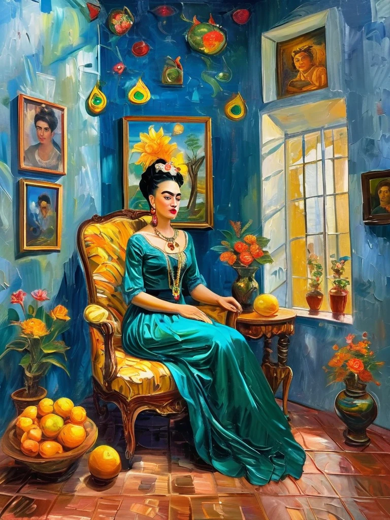 Imagine Frida Kahlo reimagined in the lavish Baroque style. She sits regally on an ornate throne in a luxurious hall adorned with rich tapestries and intricately carved furniture. Dressed in an opulent emerald satin gown with delicate lace and sparkling jewels, her hair is interwoven with vibrant flowers. A majestic eagle perches on her left arm, its piercing gaze mirroring Frida's intense stare. Nearby, a striking blue macaw adds a splash of color, while a peacock elegantly roams the floor at her feet. Surrounding her are symbolic objects: a golden mirror, sugar skulls, and a vibrant still life of tropical fruits. The dramatic background of swirling clouds and celestial light adds depth and movement. The masterful play of light and shadow highlights the richness of details, celebrating Frida's indomitable spirit and legacy in a visually stunning, innovative composition.