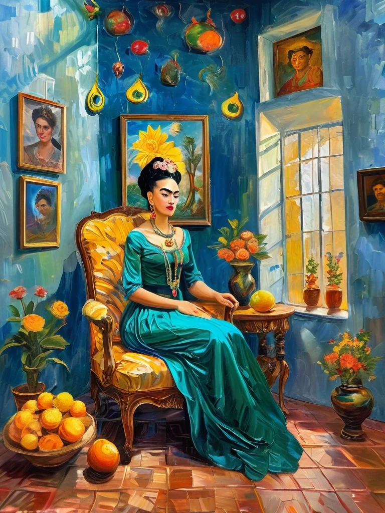 Imagine Frida Kahlo reimagined in the lavish Baroque style. She sits regally on an ornate throne in a luxurious hall adorned with rich tapestries and intricately carved furniture. Dressed in an opulent emerald satin gown with delicate lace and sparkling jewels, her hair is interwoven with vibrant flowers. A majestic eagle perches on her left arm, its piercing gaze mirroring Frida's intense stare. Nearby, a striking blue macaw adds a splash of color, while a peacock elegantly roams the floor at her feet. Surrounding her are symbolic objects: a golden mirror, sugar skulls, and a vibrant still life of tropical fruits. The dramatic background of swirling clouds and celestial light adds depth and movement. The masterful play of light and shadow highlights the richness of details, celebrating Frida's indomitable spirit and legacy in a visually stunning, innovative composition.