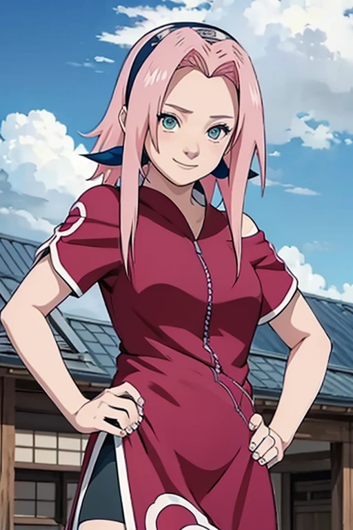 Masterpiece， The best quality at the best.， 1 girl， Sakura Haruno， big breasts，Off the shoulder clothing，（neckline)，Closeup of upper body，Sexy servant，Is shy，with pink hair， long white hair， green eyes， forehead protection， smile， both hands on hips， blue sky， clouds， hidden town

