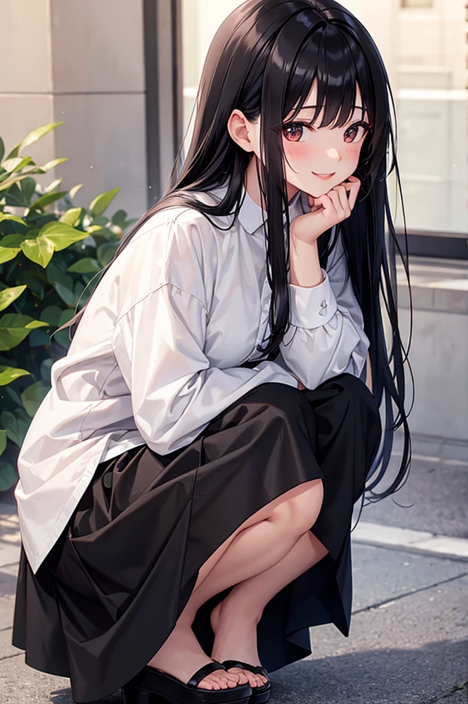 Squat、Long skirt long black hair, Natural Straight Hair, Bright lips, smile, shy