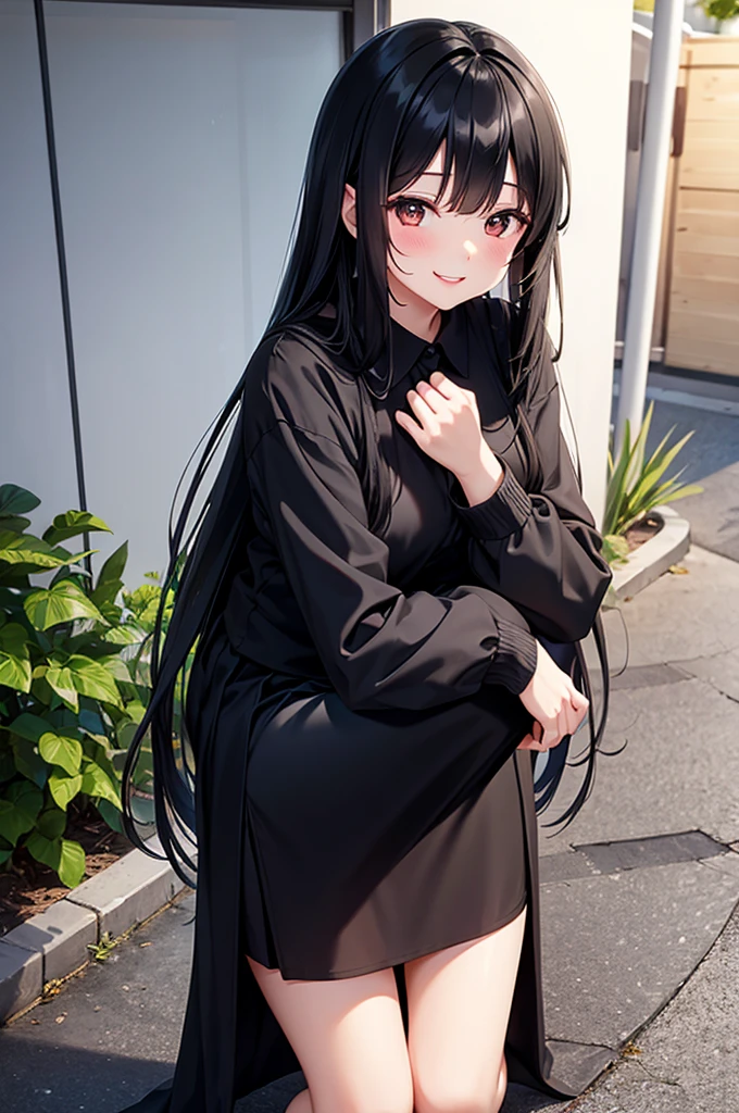Squat、Long skirt long black hair, Natural Straight Hair, Bright lips, smile, shy